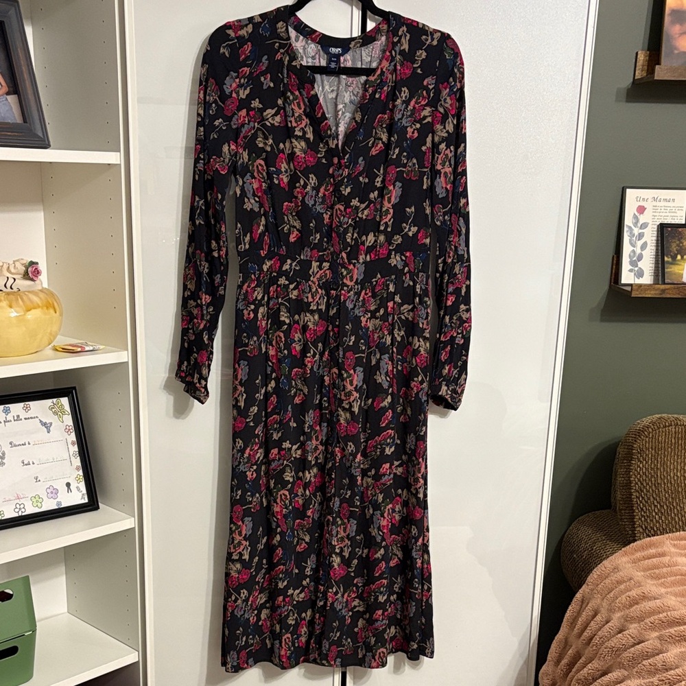 Chaps Floral Long Sleeve Dress - Black and Pink